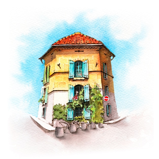 Watercolor sketch of Provencal house, Arles, France
