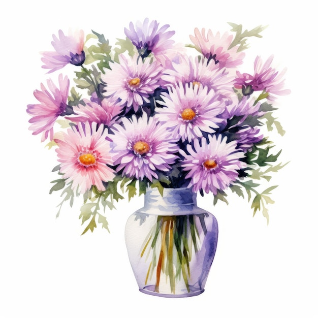 Watercolor Sketch Of Purple Daisies In Vase Realistic And Detailed