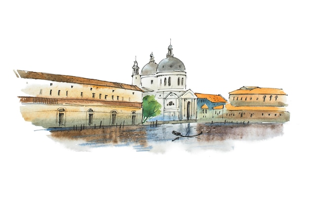 Watercolor sketch of Venice Italian city with white cathedral historic houses and a gondolier