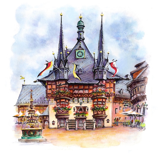 ドイツの木材のファサードを持つヴェルニゲローデの素晴らしい市庁舎の水彩スケッチ