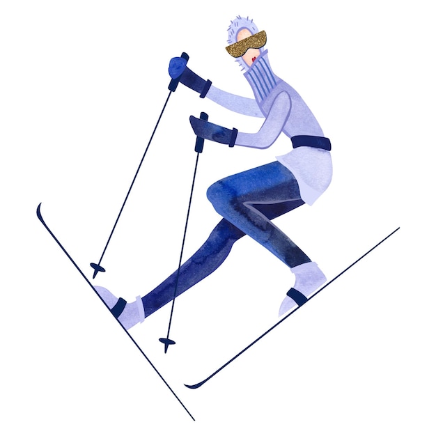 Watercolor skier in blue sweater Winter isolated illustration Sport Clipart