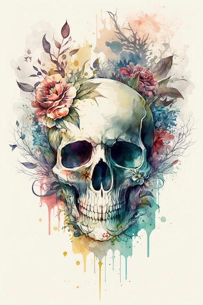 watercolor skull flower