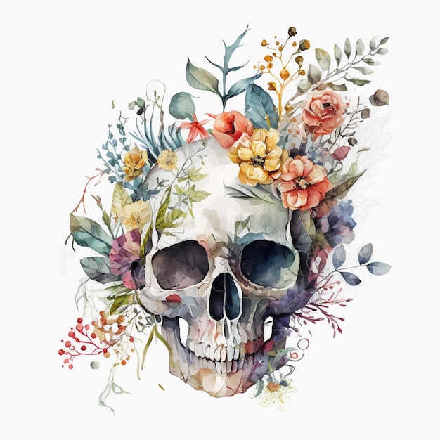 Watercolor skull and flowers on a white background