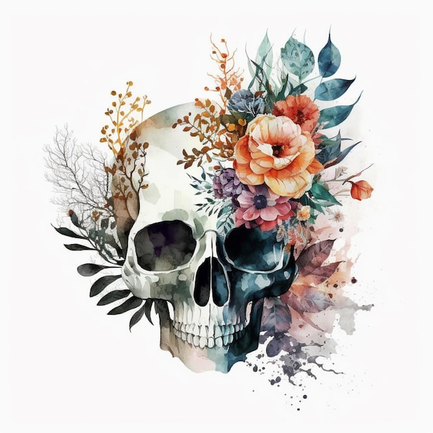 Watercolor skull and flowers on a white background