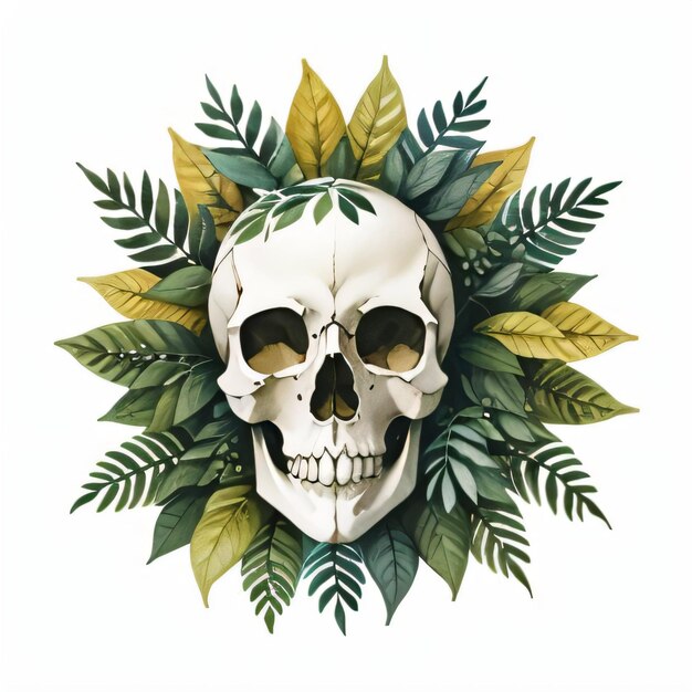 Watercolor Skull and Leaves Clipart