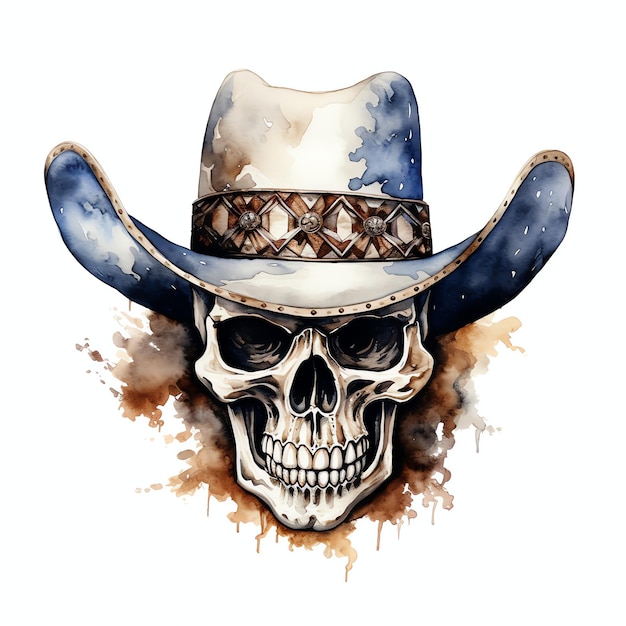 watercolor skull with a cowboy hat or bandana western wild west cowboy desert illustration