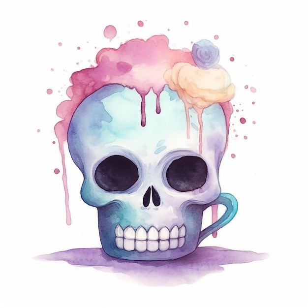 A watercolor skull with a cup of tea on it.