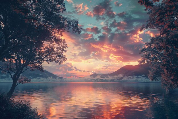 静かな湖辺の夕暮れの時の水彩の空