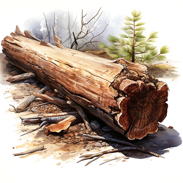 Photo watercolor of a slice of bark from a pine woodlouse rolling stealthily to natural scene concept