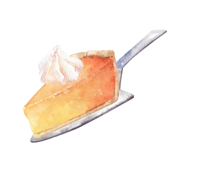 watercolor slice of pumpkin pie on a metal cake spatula hand drawn illustration on white background