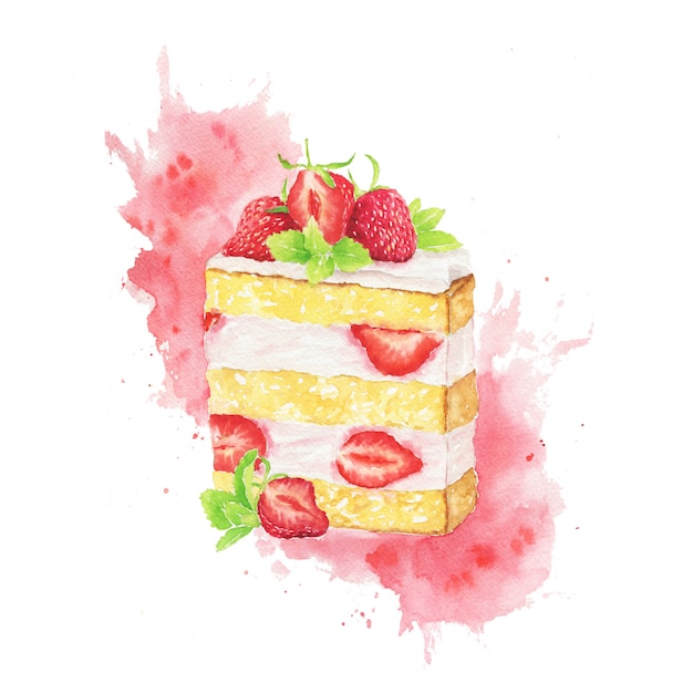 Watercolor slice of strawberry cake  with red splashes isolated on a white