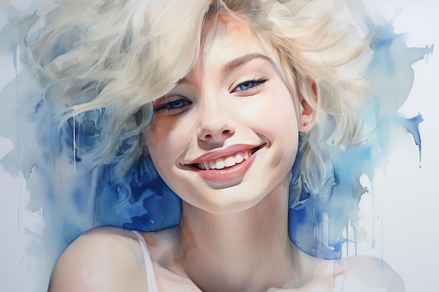 watercolor smiling girl with short hair