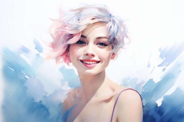 watercolor smiling girl with short hair