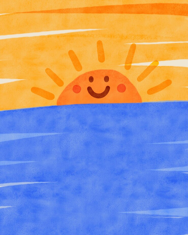 Photo 水彩画 笑顔 の 太陽 の 海 の 背景
