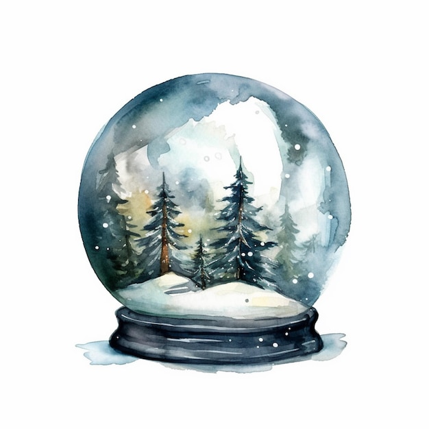 Акварельный снежный шар со снежным лесом на заднем плане.