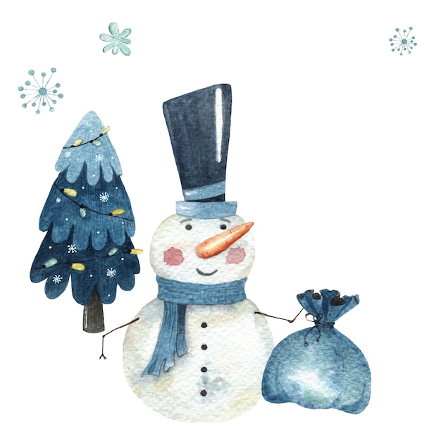 Watercolor snow men with gift bag and Christmas tree