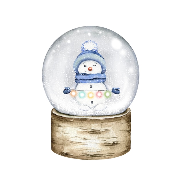 watercolor snowglobe with funny snowman christmas illustration isolated on white background