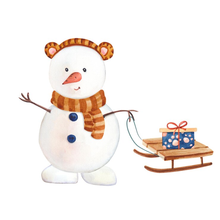 Photo watercolor snowman-tiger sledge with box on white background.christmas surprise. winter watercolour illustration for kids.