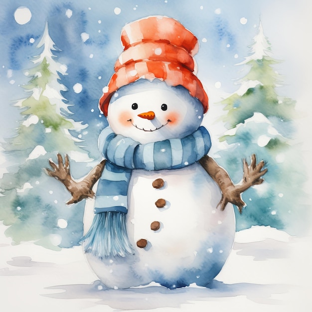 Watercolor snowman with scarf and hat i