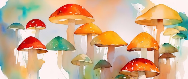 Watercolor soft airy drawing of bright poisonous mushrooms Generative AI