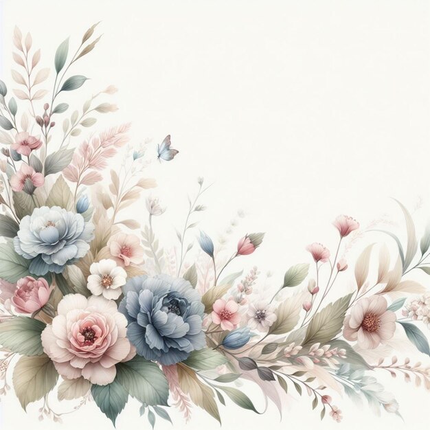 watercolor Soft and pastels tones flowers leaves and botanical plant border illustrat