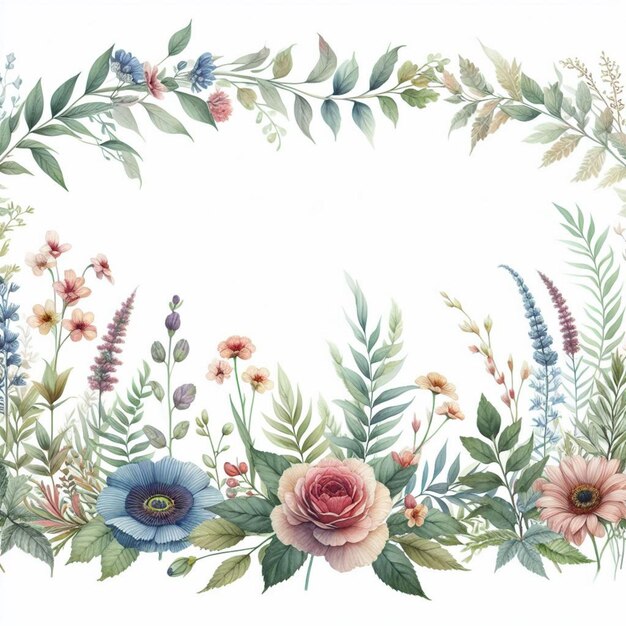 watercolor Soft and pastels tones flowers leaves and botanical plant wave border illustrat