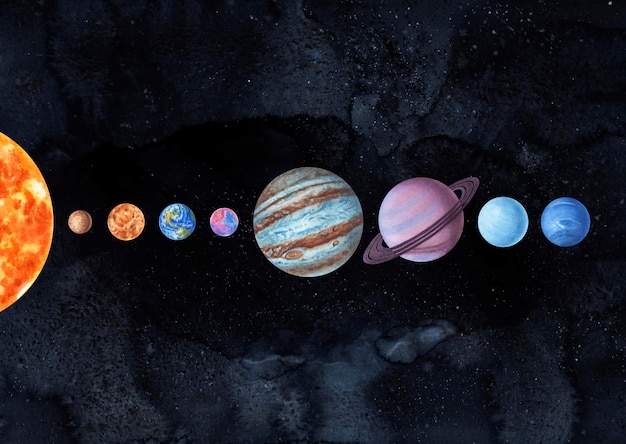 Photo watercolor solar system planets isolated on black starry background, planet parade.