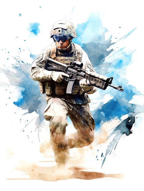 Watercolor of a soldier with his weapon and the flag of Argentina behind creative AI