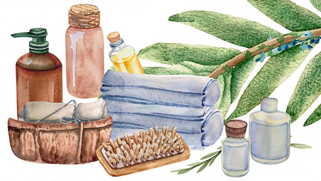 Photo watercolor spa illustration bathing time bathroom accessories towels twig bottle handdrawn