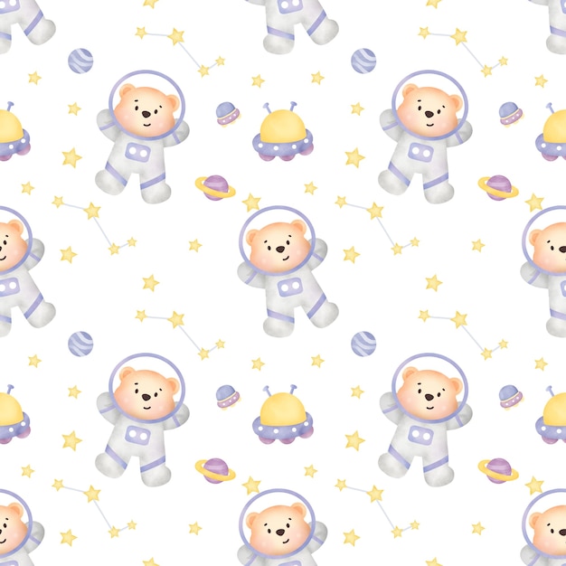 Watercolor space bear seamless patterns