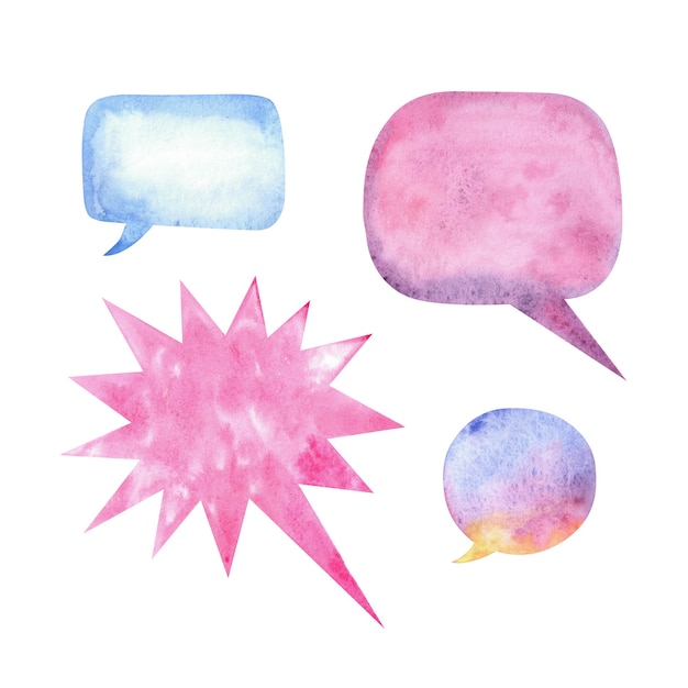 Watercolor speech bubbles with stains and paper texture.