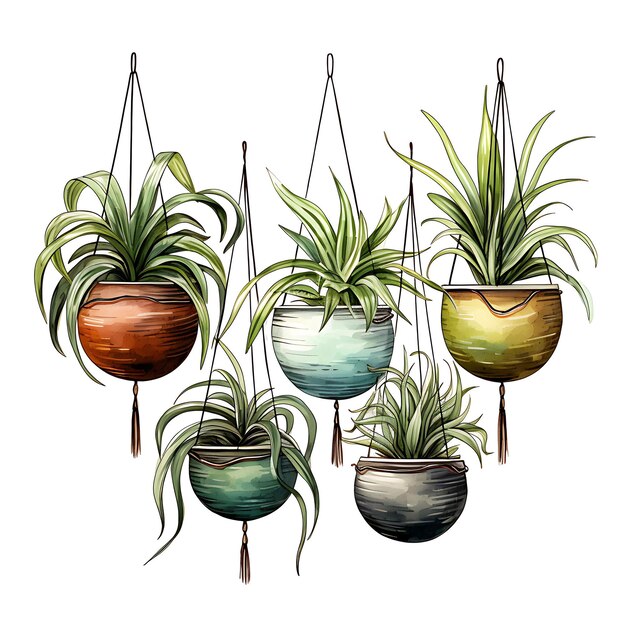 Watercolor of spider plant hanging pots with copper wire architectural col digital illustration art