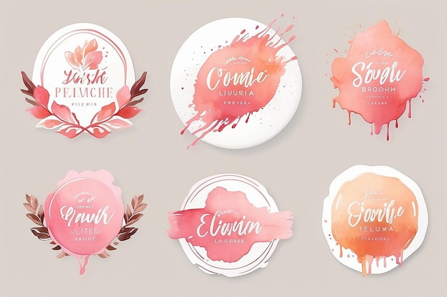 Foto aquarello splash logo branding femminile lusso logo design modello badge rosa set di pennelli pesca