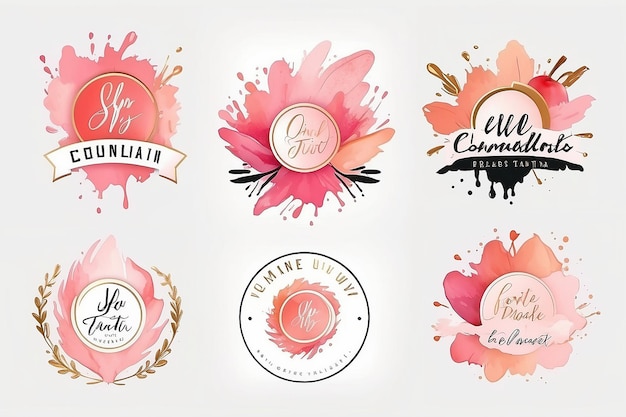 Foto aquarello splash logo branding femminile lusso logo design modello badge rosa set di pennelli pesca