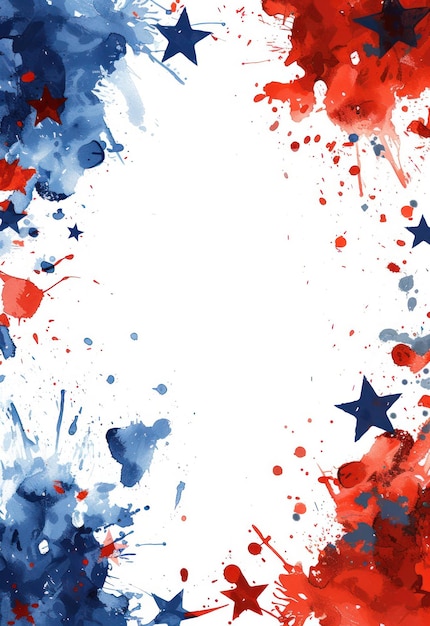 写真 赤と青の色で水彩のスプラッシュと星のアメリカ国立休日コンセプトの背景.