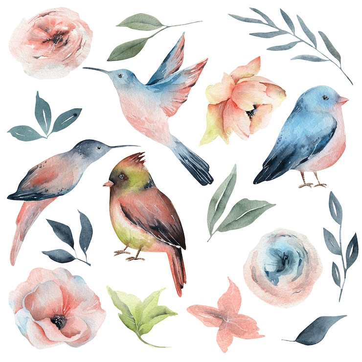 Photo watercolor spring birds and flowers
