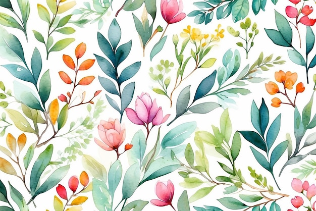 Watercolor spring branches seamless pattern Botanical illustration Bright leafy allover abstract background