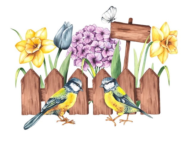 Watercolor spring composition with a fence titmice in spring flowers