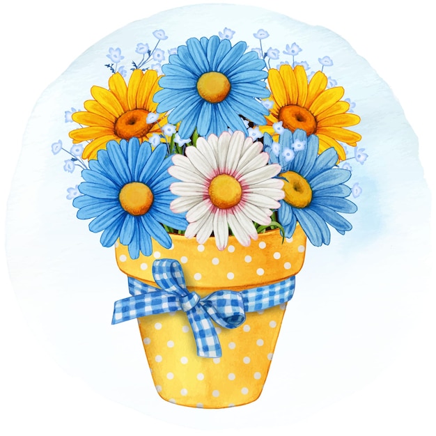 Watercolor spring flower pot of colorful daisies