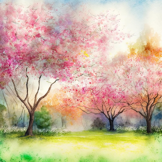 Watercolor spring flowers Blooming trees illustration