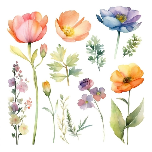 Photo watercolor spring flowers collection spring florals generative ai