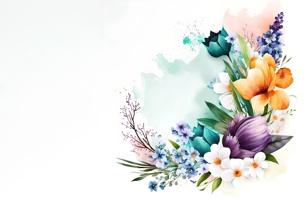 白地に水彩の春の花のフレーム構成 イラスト AI生成