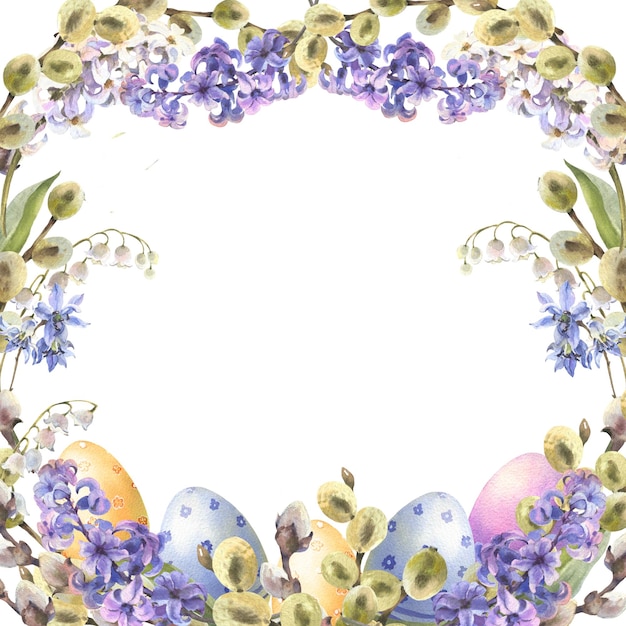 Photo watercolor spring flowers hyacinth willow branches leaves and colorful eggs floral card square frame