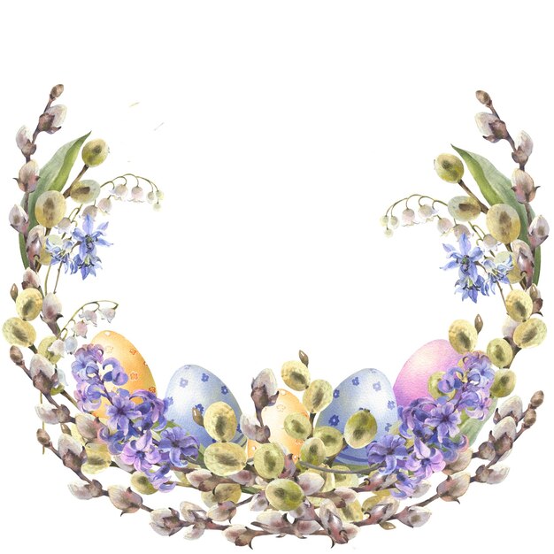 Photo watercolor spring flowers willow branches leaves and colorful eggs floral card wreath frame