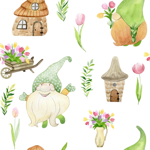 Watercolor spring gnomes