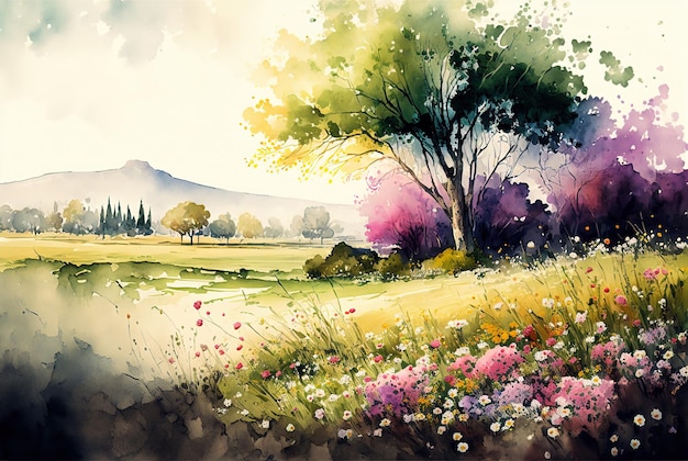 写真 水彩画の春の風景画 木が咲く牧草地と山