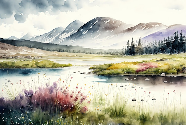 Watercolor spring landscape painting Trees bloom meadow and mountains