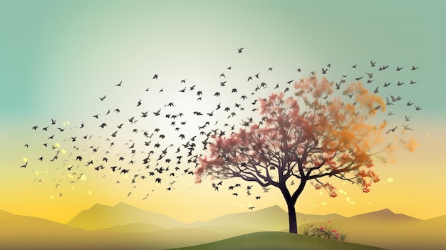 Watercolor Spring Tree with Flying Birds