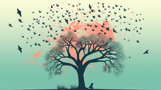 Watercolor Spring Tree with Flying Birds