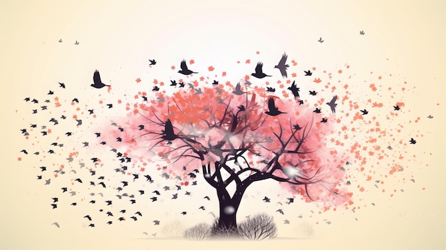 Watercolor Spring Tree with Flying Birds